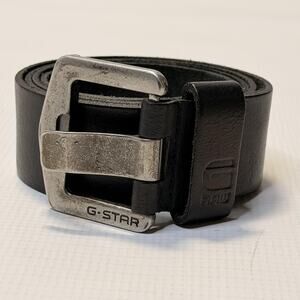 G-Star RAW Belt Mens 90 Black Genuine Leather Distressed Silver Buckle Casual